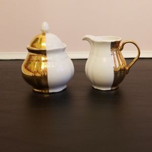 ANGELICA Gold & white sugar bowl & creamer